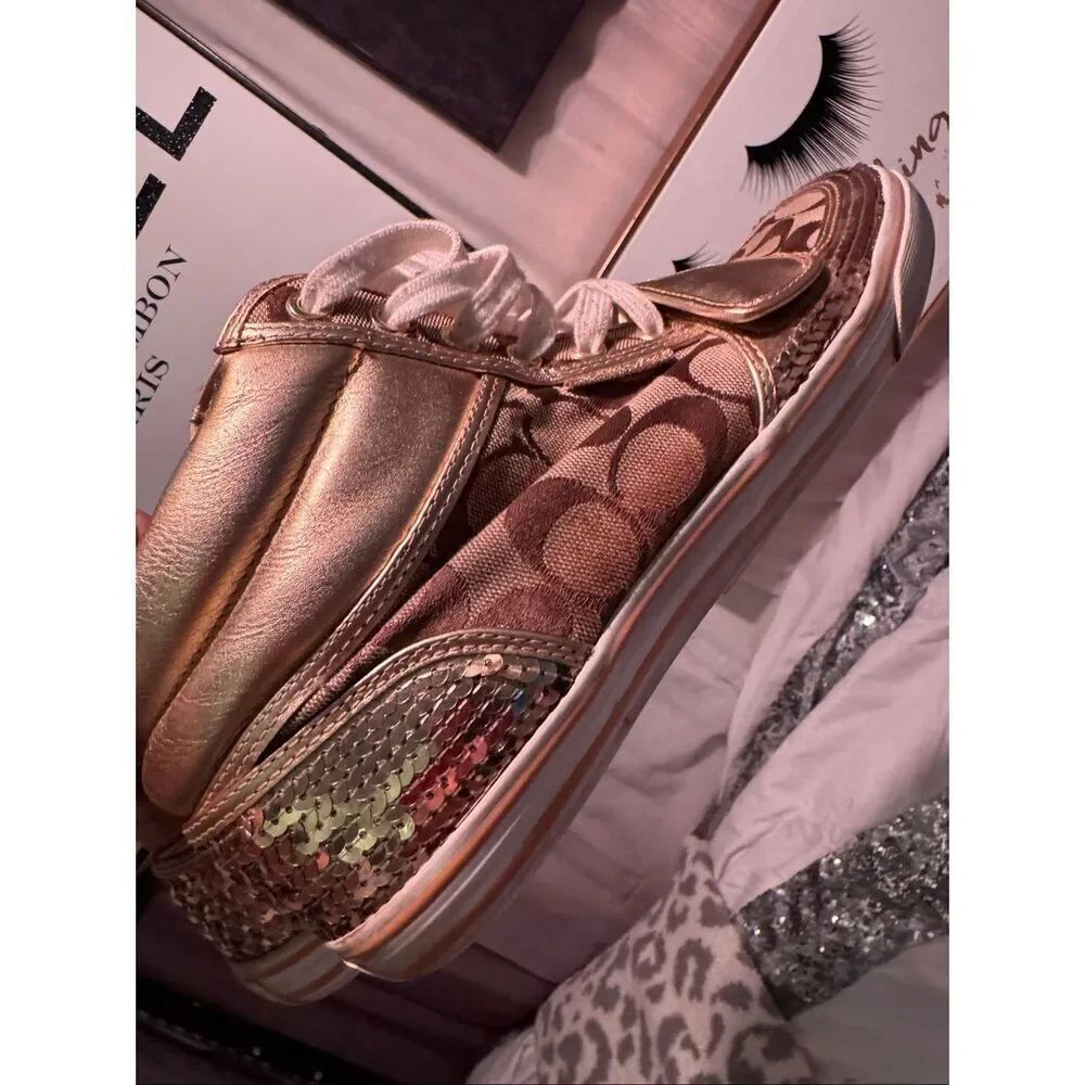 Co Coach High Top Tan Gold Logo Sequin Sneakers Mistie 11
